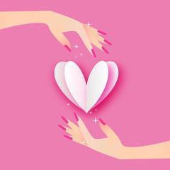 Big shining white Heart. Elegant women's hand. Wedding concept. Happy Valentine's day Greeting card. Origami Flying Love. Romantic Holidays.14 February. Pink background.