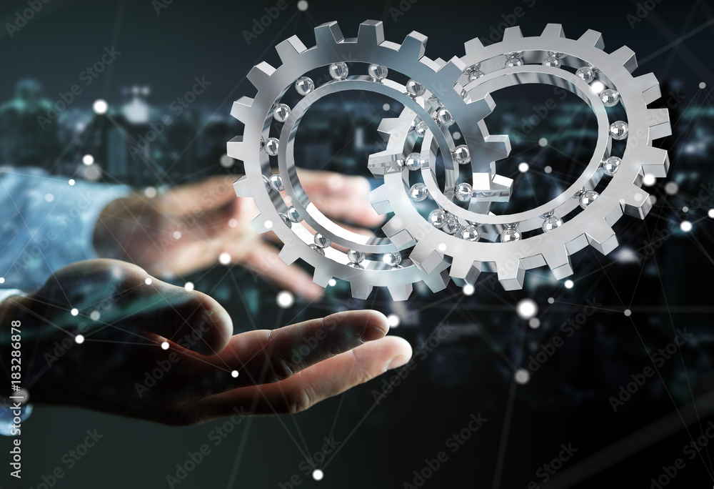Poster businessman using floating modern gear mechanism 3d rendering