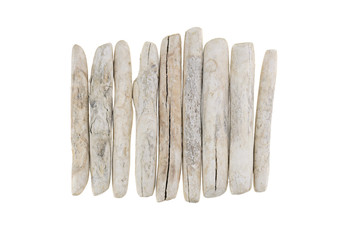 Driftwood. row of white sea snags isolated on white background. Flat lay, top view,