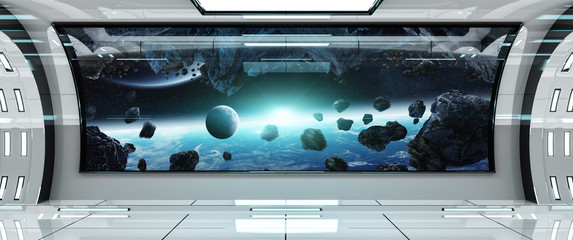 Obraz premium Spaceship interior with view on Earth 3D rendering elements of this image furnished by NASA