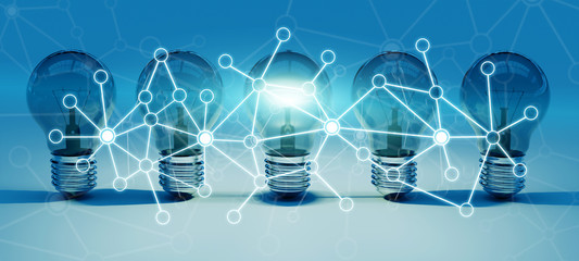Bright lightbulbs and connections lined up 3D rendering