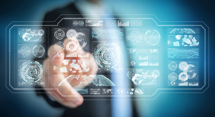 Businessman using digital screens with holograms datas 3D rendering