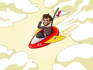 Hipster businessman cartoon character design riding a rocket with number one flag flying through the sky, against cream background.