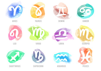 Set of hand drawn watercolor brush zodiac signs. Vector illustration created with custom brushes, not auto-tracing. - obrazy, fototapety, plakaty