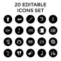 Musical icons. set of 20 editable filled and outline musical icons