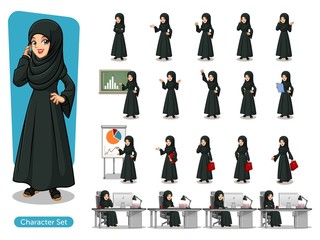 Set of Arab businesswoman in black dress cartoon character design with different poses, isolated against white background.