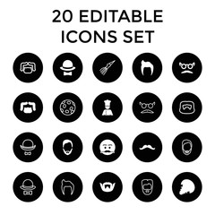 Mustache icons. set of 20 editable filled and outline mustache icons