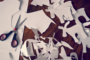 Christmas diy white red paper background.  Making craft xmas ornaments