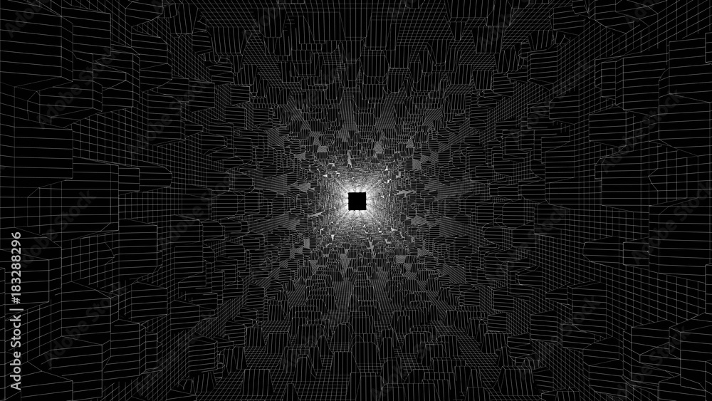Poster white wireframe tunnel on black background. 3d rendering
