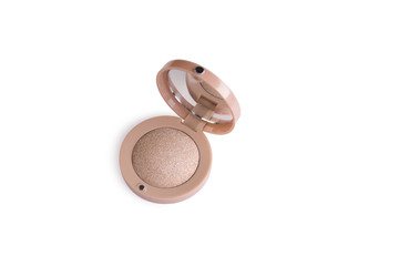 Top view eye shadow, blush, powder, sculptor in a pack on a white background