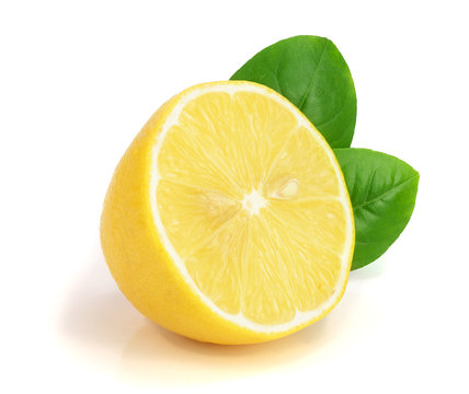 lemon half with leaf isolated on white background