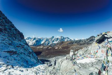Snow mountain peaks on Ama Dablam. Panoramic view of Himalaya mountain. Way to Everest base camp,...