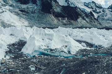 Khumbu Glacier near Everest base camp on Himalayan valley, Nepal