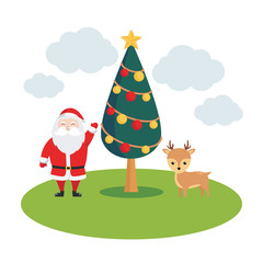 Christmas illustration vector with santa claus, christmas tree and reindeer