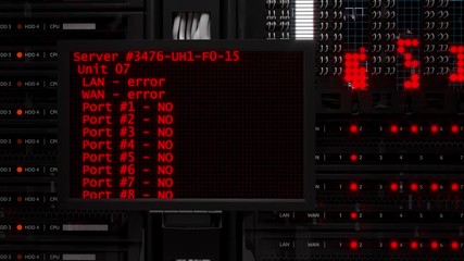Modern working server room with rack servers. Cloud computing in datacenter, information storage. Server error with red indicators