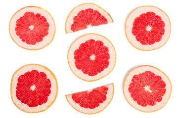 Fototapeta na wymiar Grapefruit slices isolated on white background. Top view. Flat lay pattern