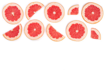 Grapefruit slices isolated on white background with copy space for your text. Top view. Flat lay pattern