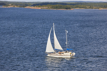 Sailing in Finland coastline. Aland archipelago. Finnish summer sport