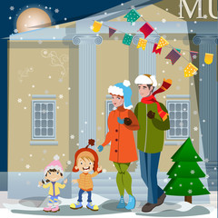 happy family walking outdoors in winter.