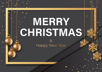 Merry christmas and happy new year greeting card with golden frame paper ,snowflakes and christmas ball on black background.Vector illustration.