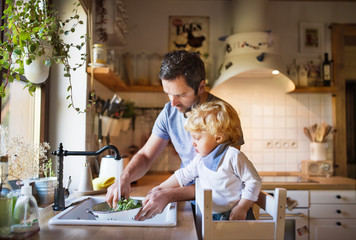 Young father with a toddler boy cooking.