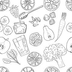 Seamless pattern set of fresh hand drawn fruits and vegetables