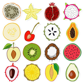 Set of fresh hand drawn fruits and vegetables and products.