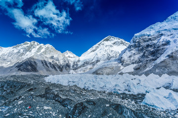 Khumbu Glacier near Everest base camp on Himalayan valley, Nepal