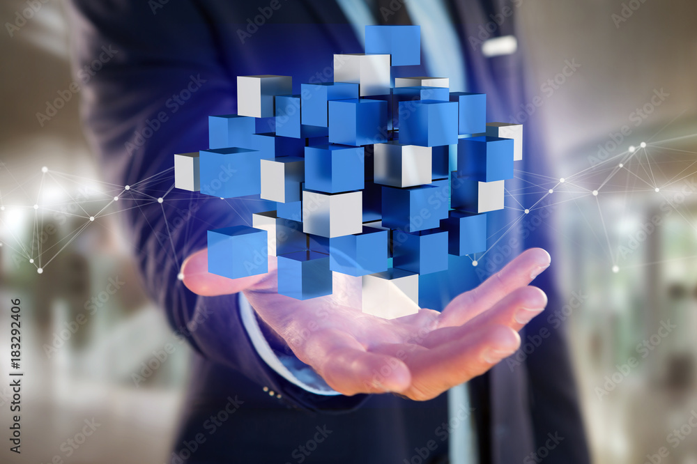 Poster 3d rendering blue and white cube on a futuristic interface