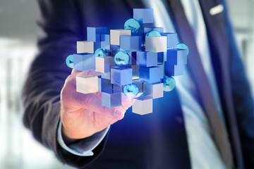 3d rendering blue and white cube on a futuristic interface