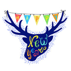 Greeting card Happy New Year. Deer head and colorful flags. Holiday Vector Illustration with Lettering Composition. Graphic design for banner, poster, card, cover, invitation, placard, brochure, flyer