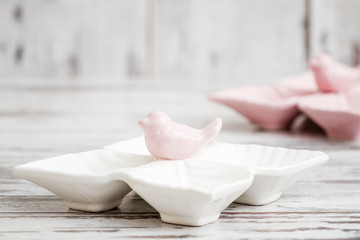 Empty Ceramic Snack  Plates with Bird Design on White Background