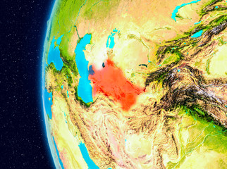 Space view of Turkmenistan in red