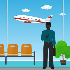 Obraz na płótnie Canvas Waiting Room at the Airport, African American Businessman with a Briefcase on the Background of a Window with a Flying Airplane, Business Tourism , Vector Illustration