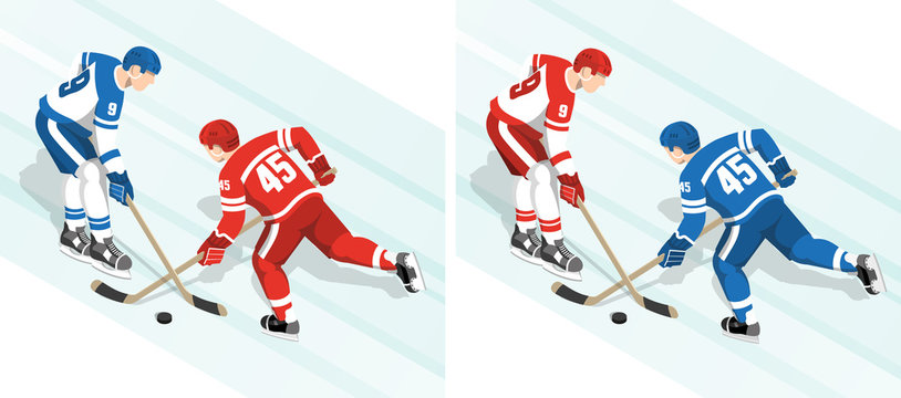 Ice hockey players in red and white blue uniform are fighting for the puck during the match. Isometric vector illustration.