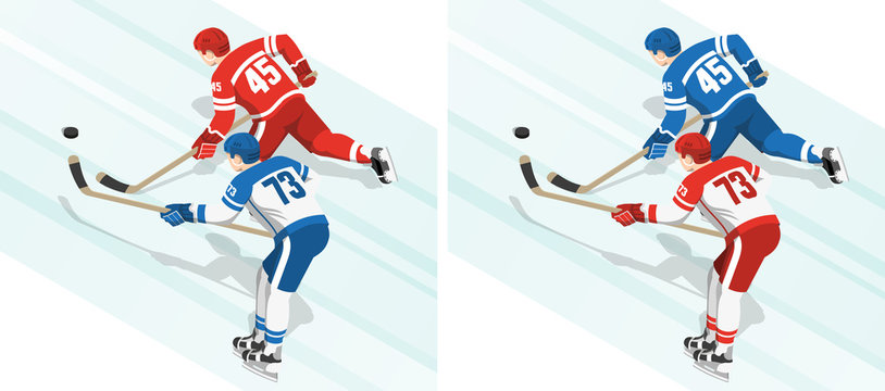 Red and blue hockey players chase the puck during the game. Isometric view from the back.