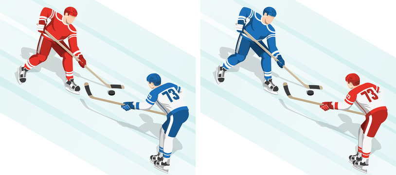 Fght for the puck at the hockey game. 2 variants of the coloring of uniform. Isometric illustration.