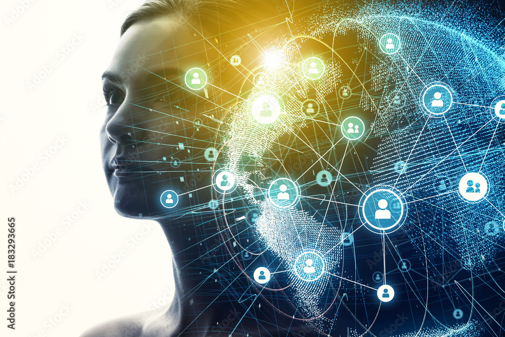 Poster Global communication network and AI (Artificial Intelligence) concept.