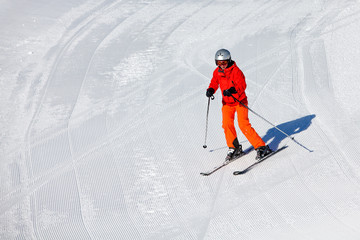 Woman is skiing in winter mountains, Gudauri, Georgia