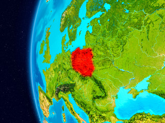 Space view of Poland in red