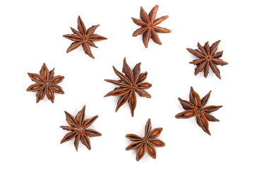 Star anise isolated on white background. Top view. Flat lay pattern