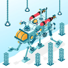 Fantastic  transport machine on four legs with manipulator arm. Isometric 3d illustration. It can be disassembled into individual parts.