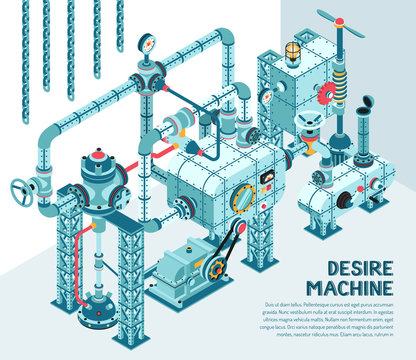 Fantastic industrial machine of intricate design - with pipes, fittings, adapters, flanges, valves. Isometric illustration.