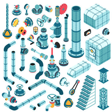 Spare parts for creating complex industrial machines - pipes, cranes, hulls, valves, splitters, fittings, flanges, portholes and so on. Isometric 3d illustration.