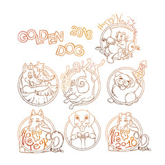 Set of yellow dog for New Year 2018, cute symbol of horoscope. Cute puppys in cartoon doodle style.