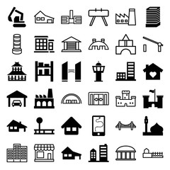 Set of 36 building filled and outline icons