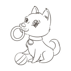 Happy golden cartoon puppy. Cute little dog wearing collar.