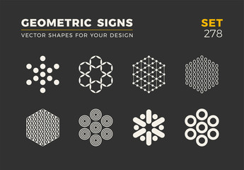 Set of eight minimalistic trendy shapes. Stylish vector logo emblems for Your design. Simple geometric signs collection.