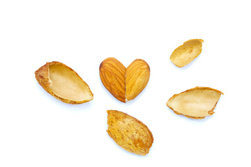 Almonds nut and peel  on a white background , Concept good for heart