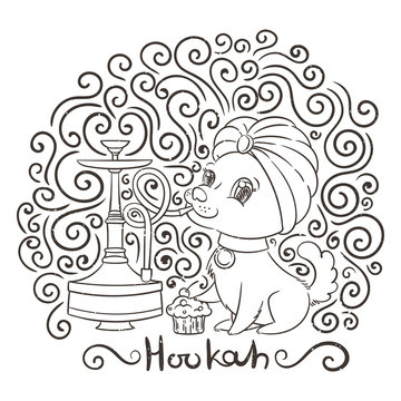 Happy golden cartoon puppy smoking hookah in turban. Cute little dog wearing collar.